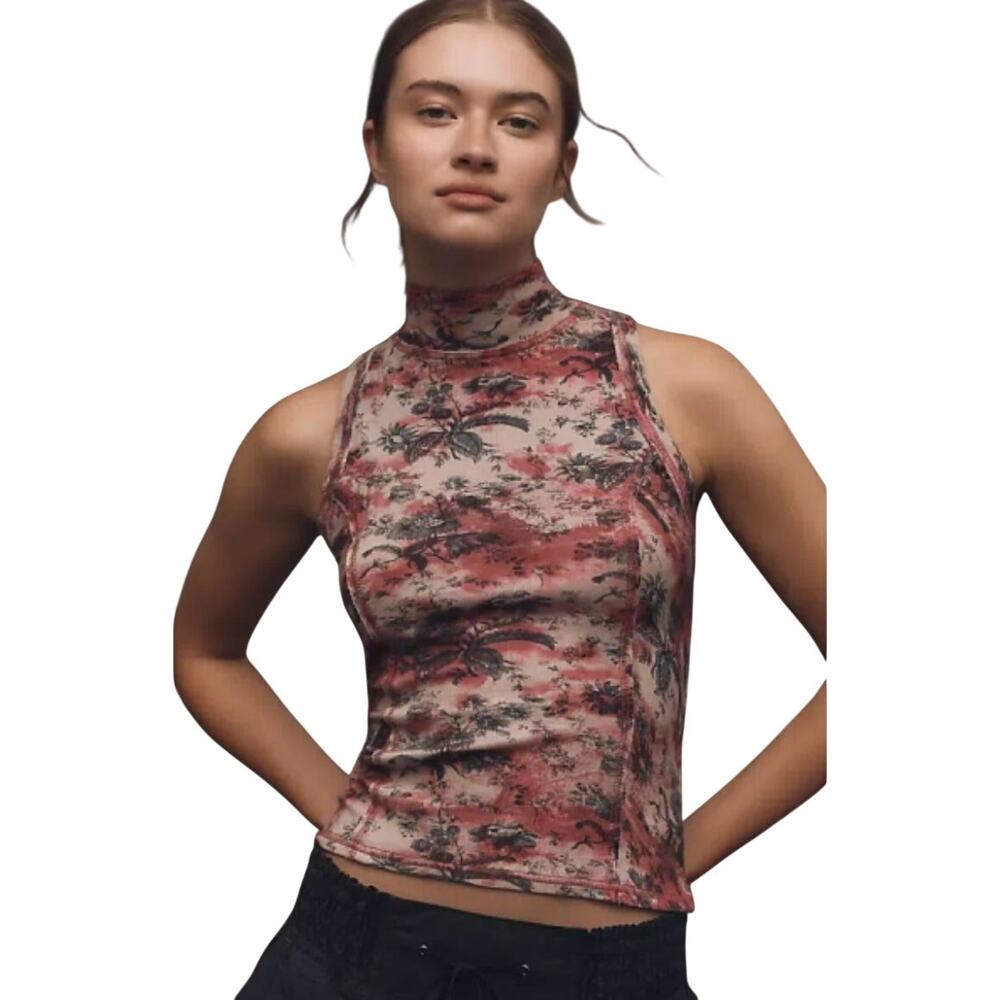Anthropologie Pilcro Floral Mesh Mock Neck Sleeveless Top Stretch Size M EUC